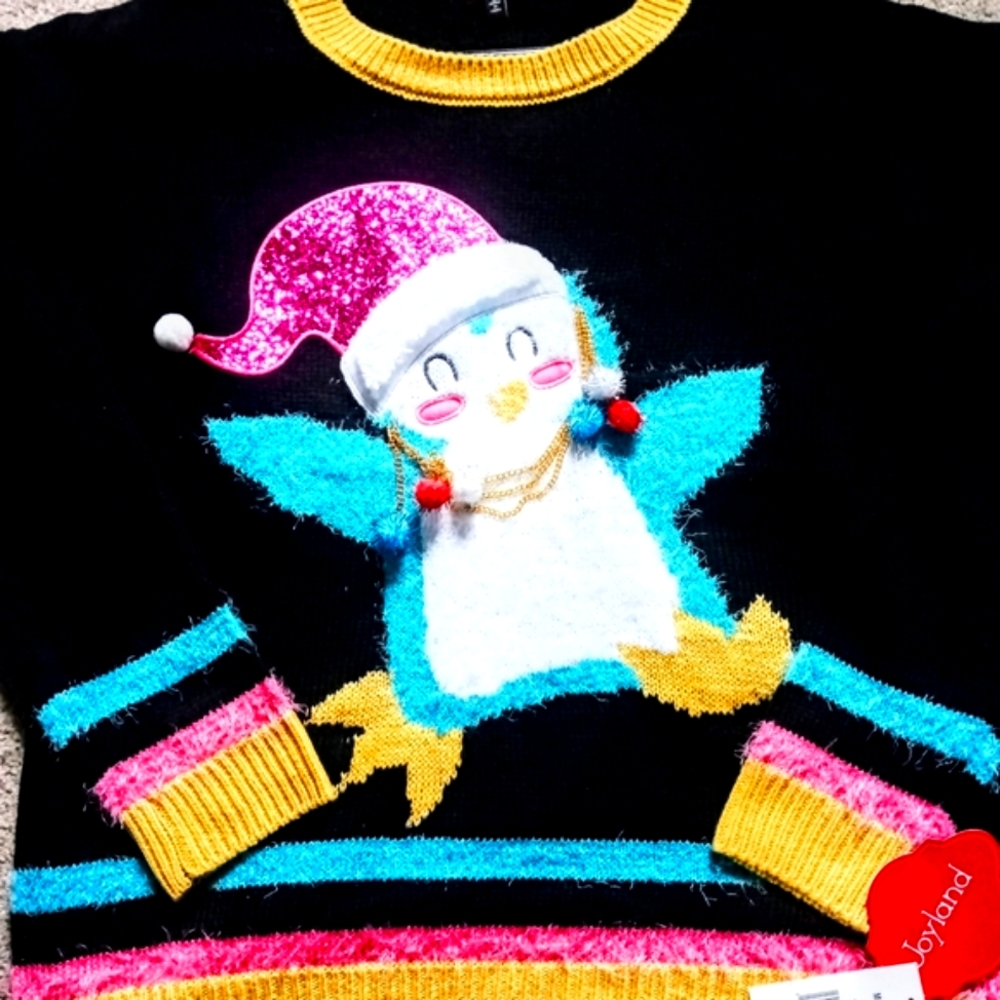 Joyland NWT "Ugly" Christmas Sweater Black Knit Embellished Penguin Sz. L